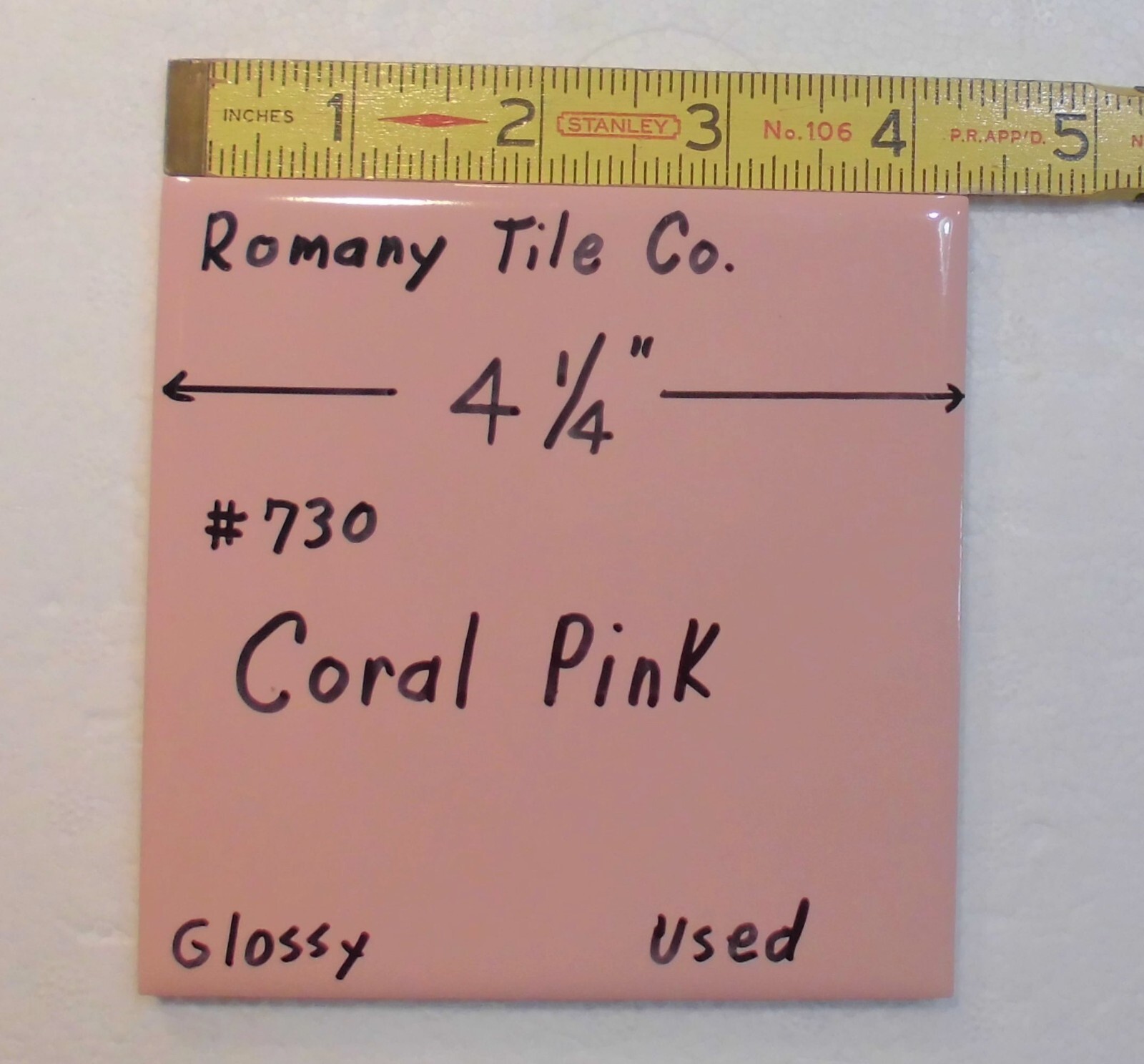 1 pc. Coral Pink #730 by Romany Tile Co. 4-1/4″ Glossy Ceramic from 1940’s Used