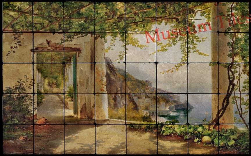 32×20 View to the Amalfi Kitchen Backsplash Mural Tumbled Marble Tiles