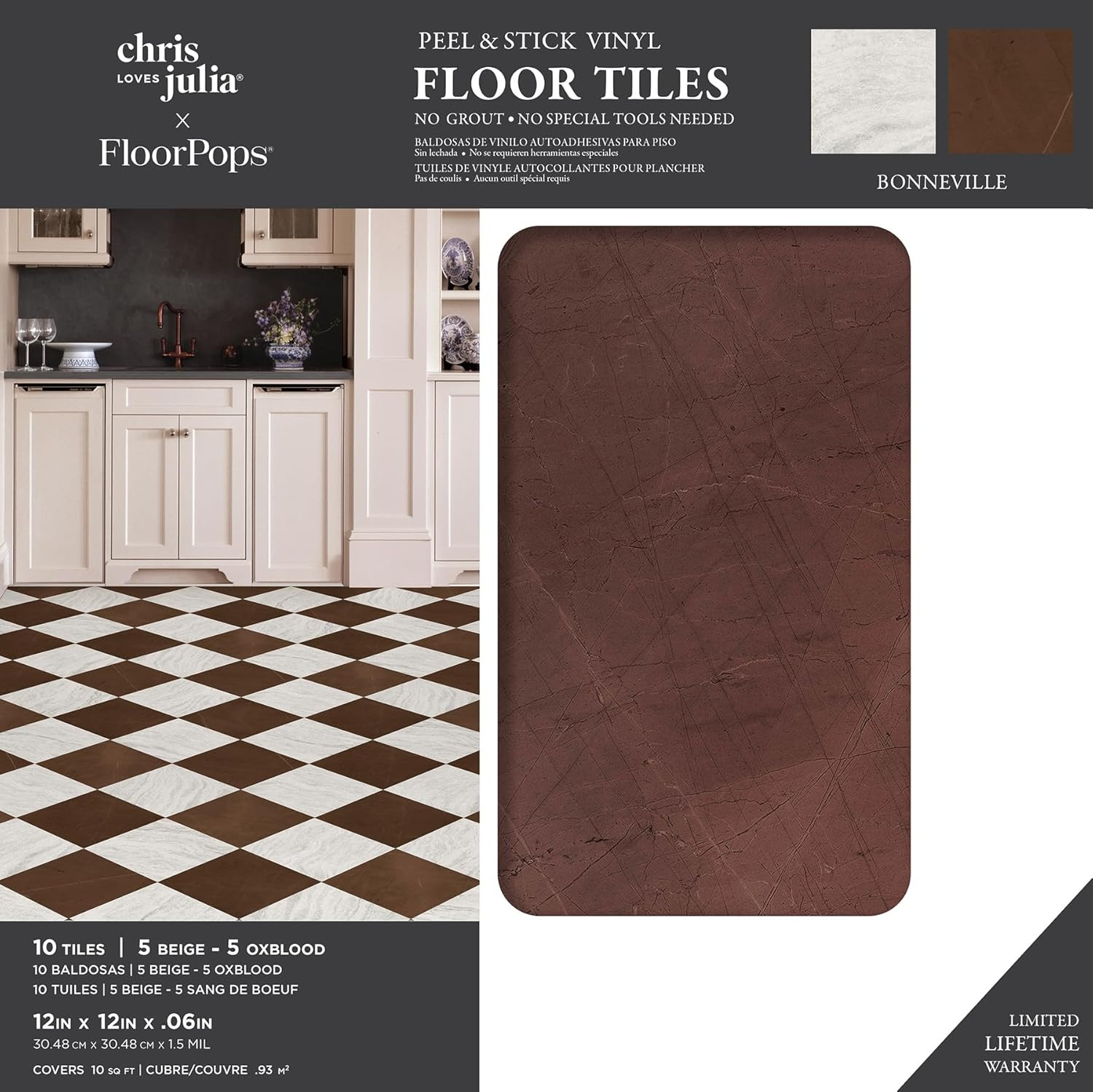 X Chris Loves Julia Bonneville Oxblood Peel and Stick Floor Tiles