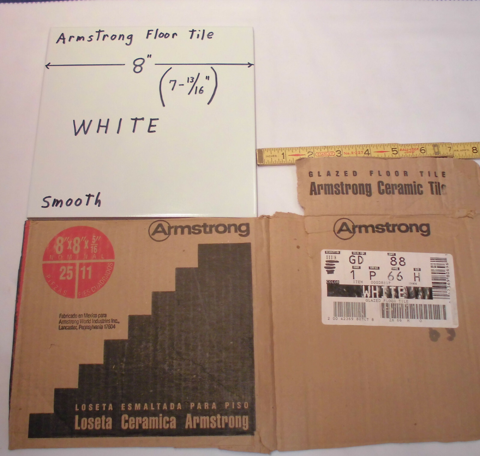 1 pc. Bright White* Ceramic Floor Tile 8″ X 8″ by Armstrong Co. Smooth NEW