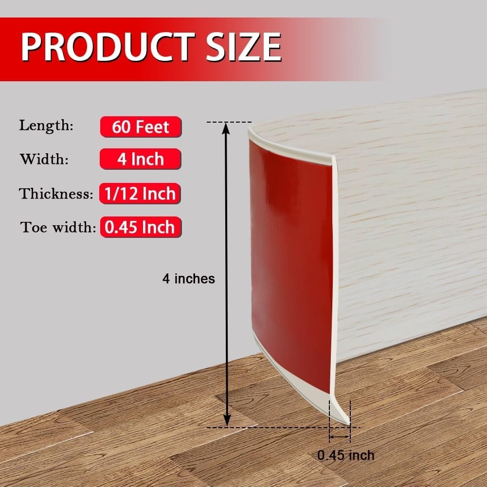 Vinyl Wall Base Baseboard Molding Trim 4″ Flexible Self Adhesive Rubber Wall Bas