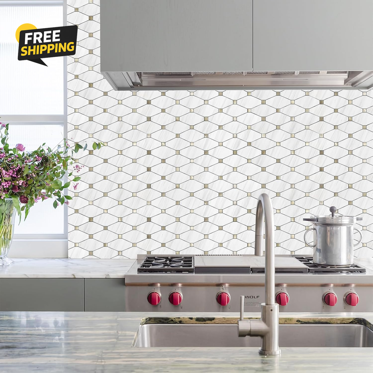 10 Sheets Peel and Stick Dolomite Mosaic Tile, White Marble Look PVC Mixed