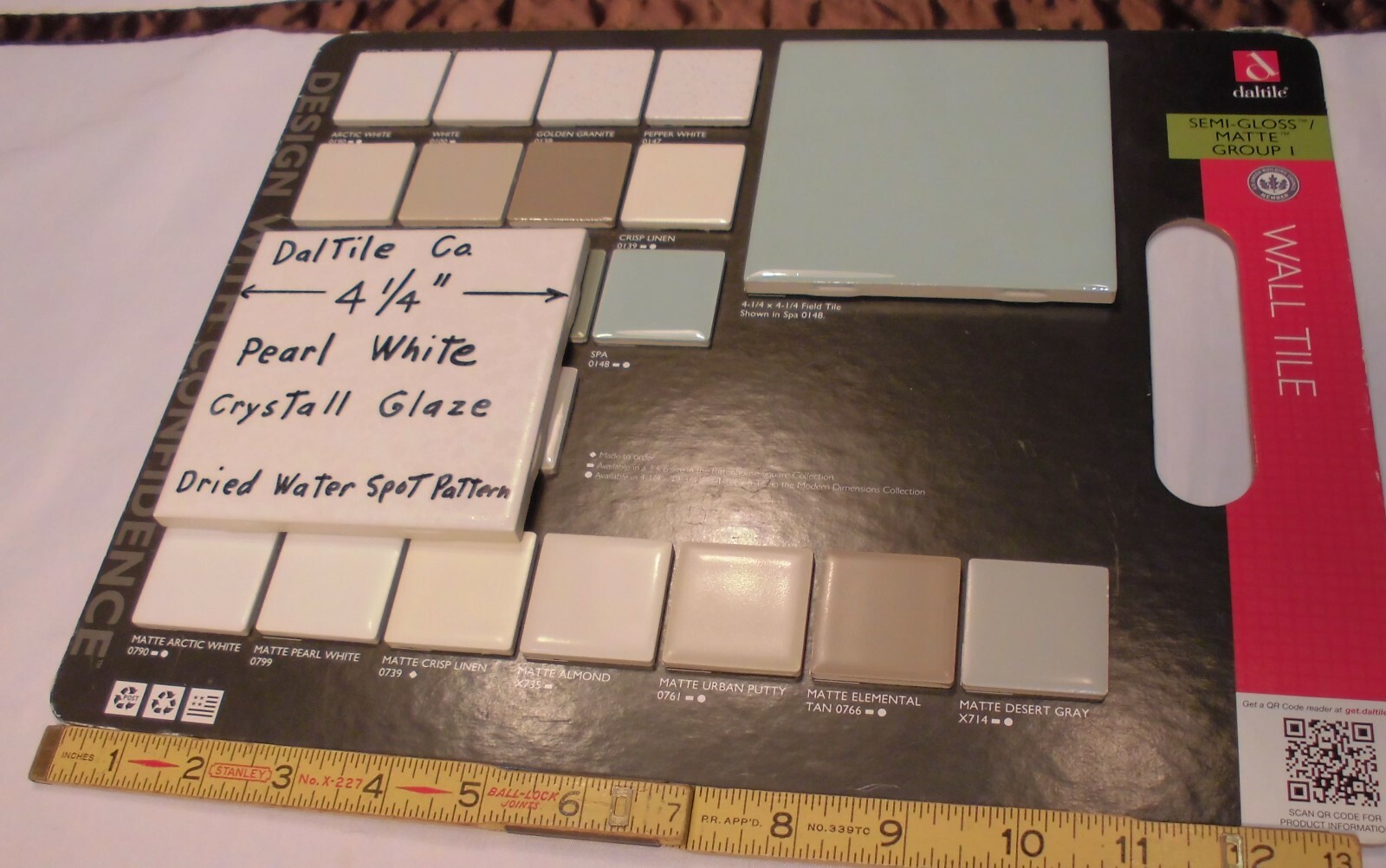 1 pc. *Pearl White* Ceramic Tile by Daltile 4-1/4″ Crystall Glaze, New 1990’s