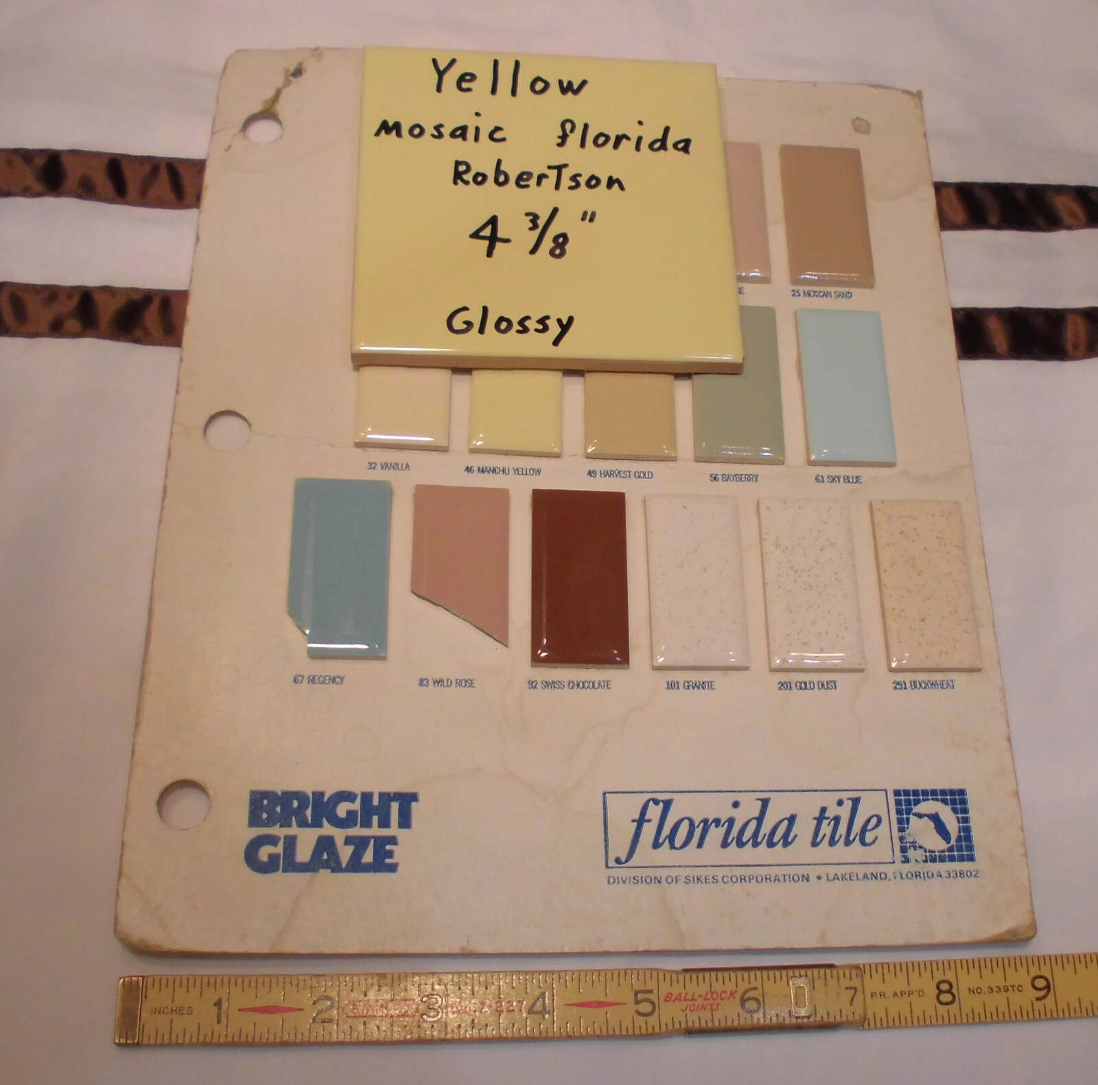 1 pc. Glossy Yellow Ceramic Tile 4-3/8″ ; Matches: Florida, Mosaic & Robertson