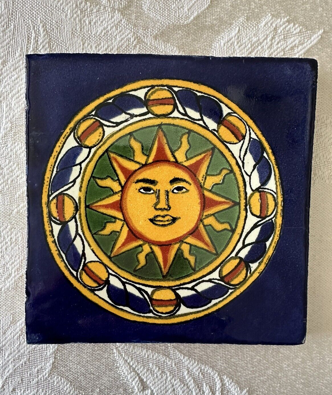 Mexican Red Clay Tile Folk Art Sun Handmade Talavera Backsplash Hand painted 4″