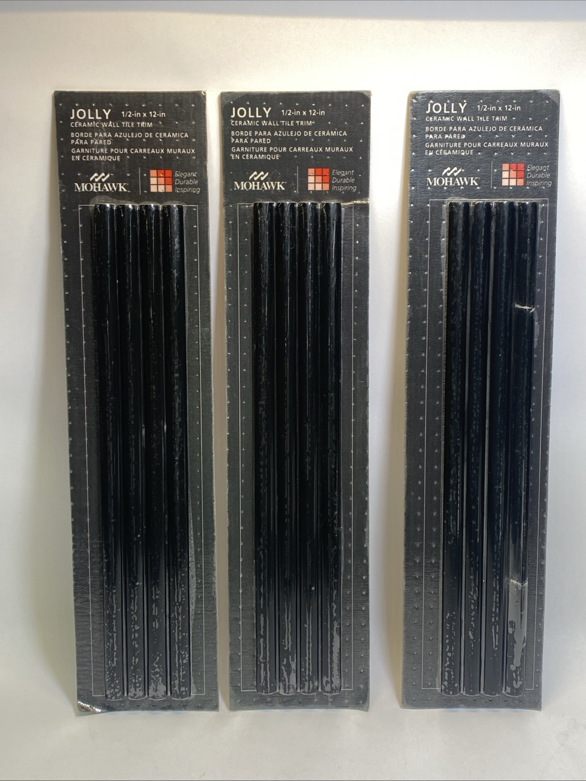 New Lot Of 3 Mohawk Jolly Gloss Black 1/2″ x 12″ Ceramic Wall Tile Trim 4 Pc