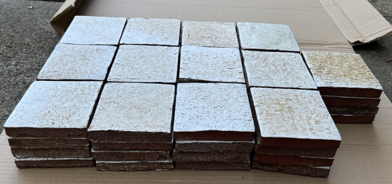 4 Vintage Hand Made Mottled Glazed Field Tile THICK 3 7/8″sq Set of 4 NOS #A