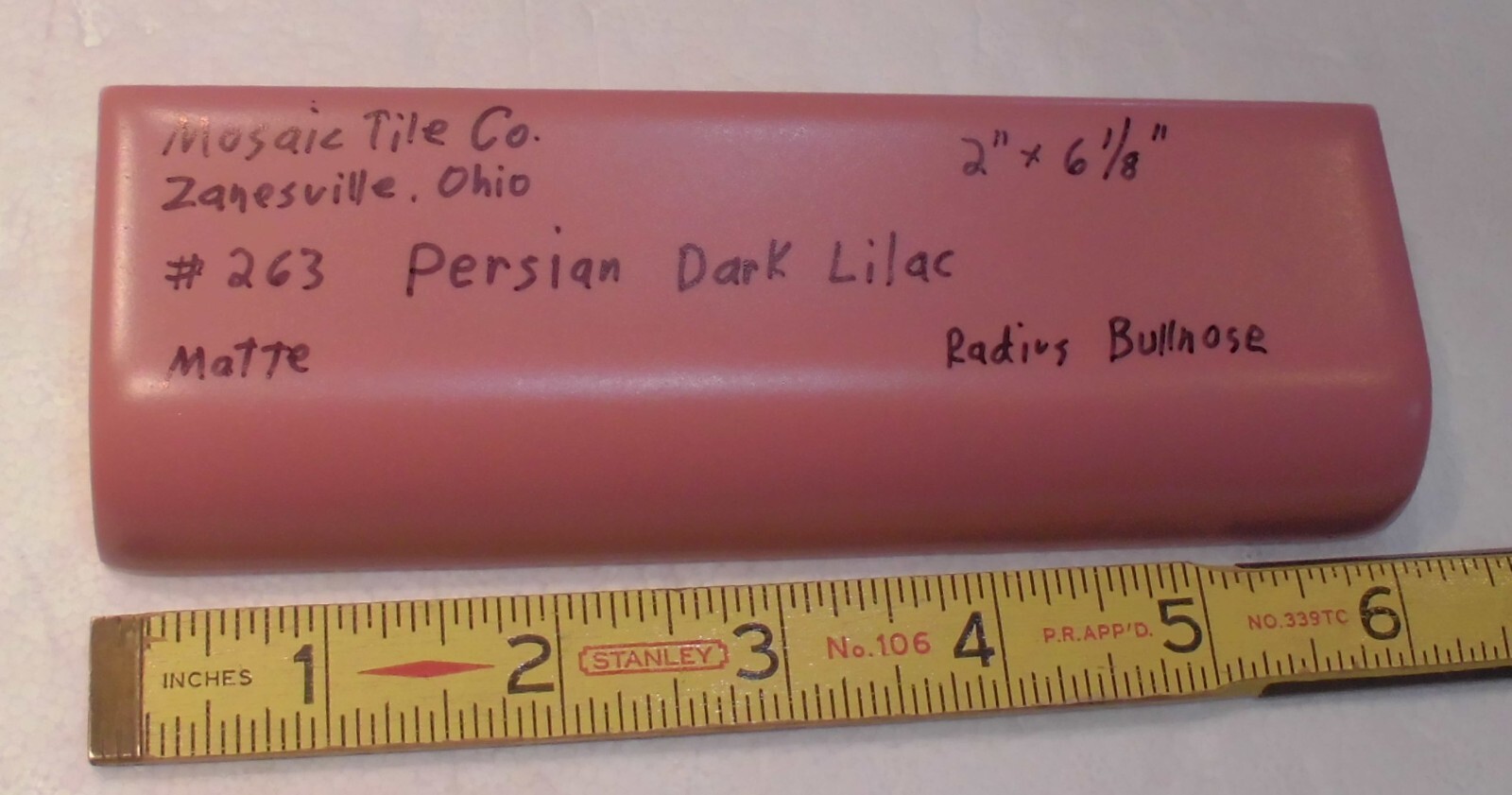 1 pc. *Dark Lilac* Matte Ceramic Radius Bullnose Cap Tile by The Mosaic Co.