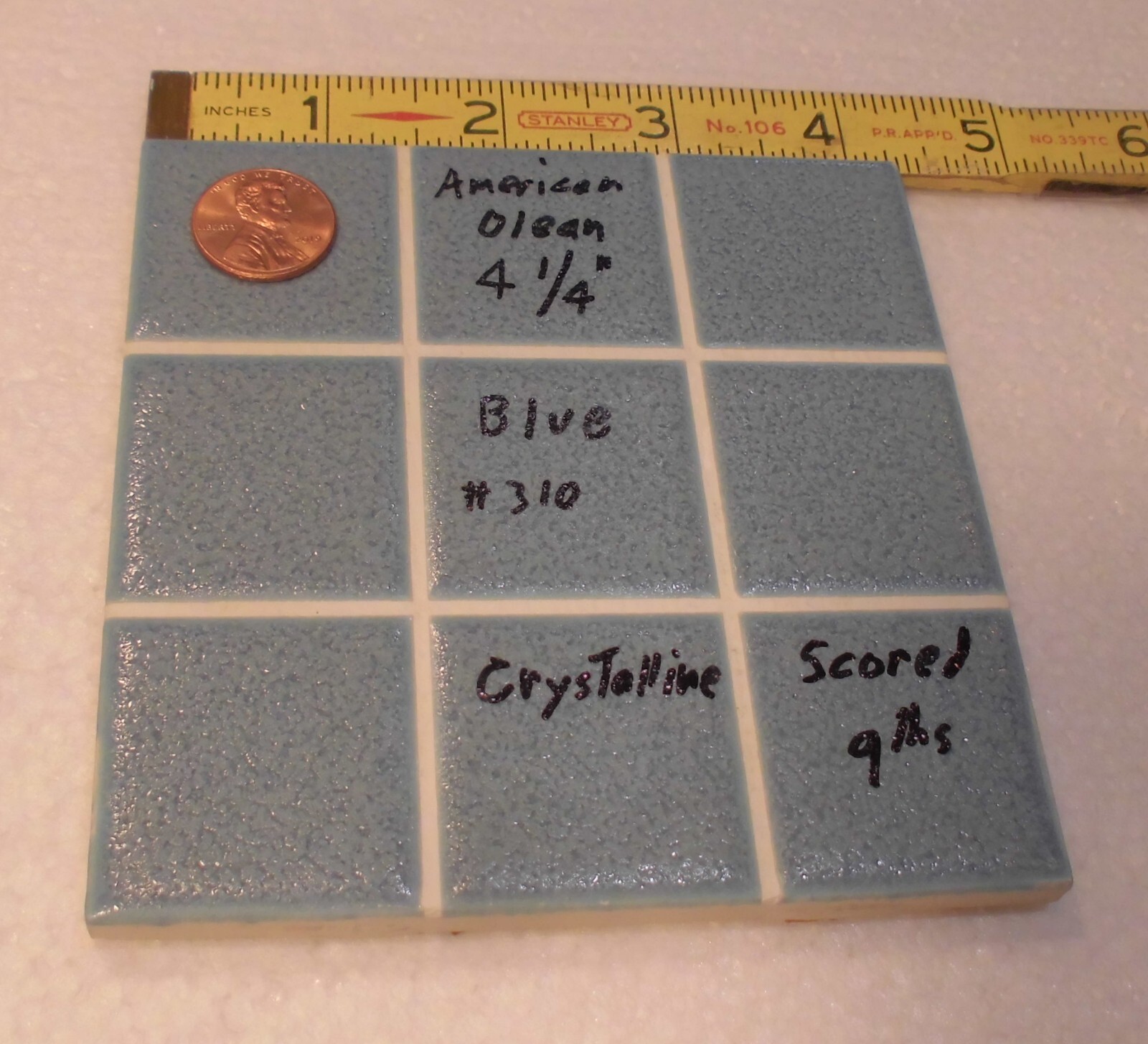 1 pc. “Blue” Scored in 9ths, Crystalline Ceramic Tile: American Olean…4-1/4″