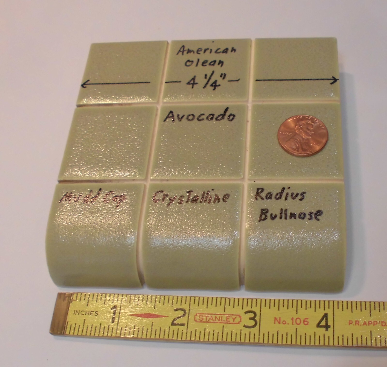 1 pc. Ceramic Radius Bullnose Tile: Avocado Crystalline: American Olean 4-1/4″