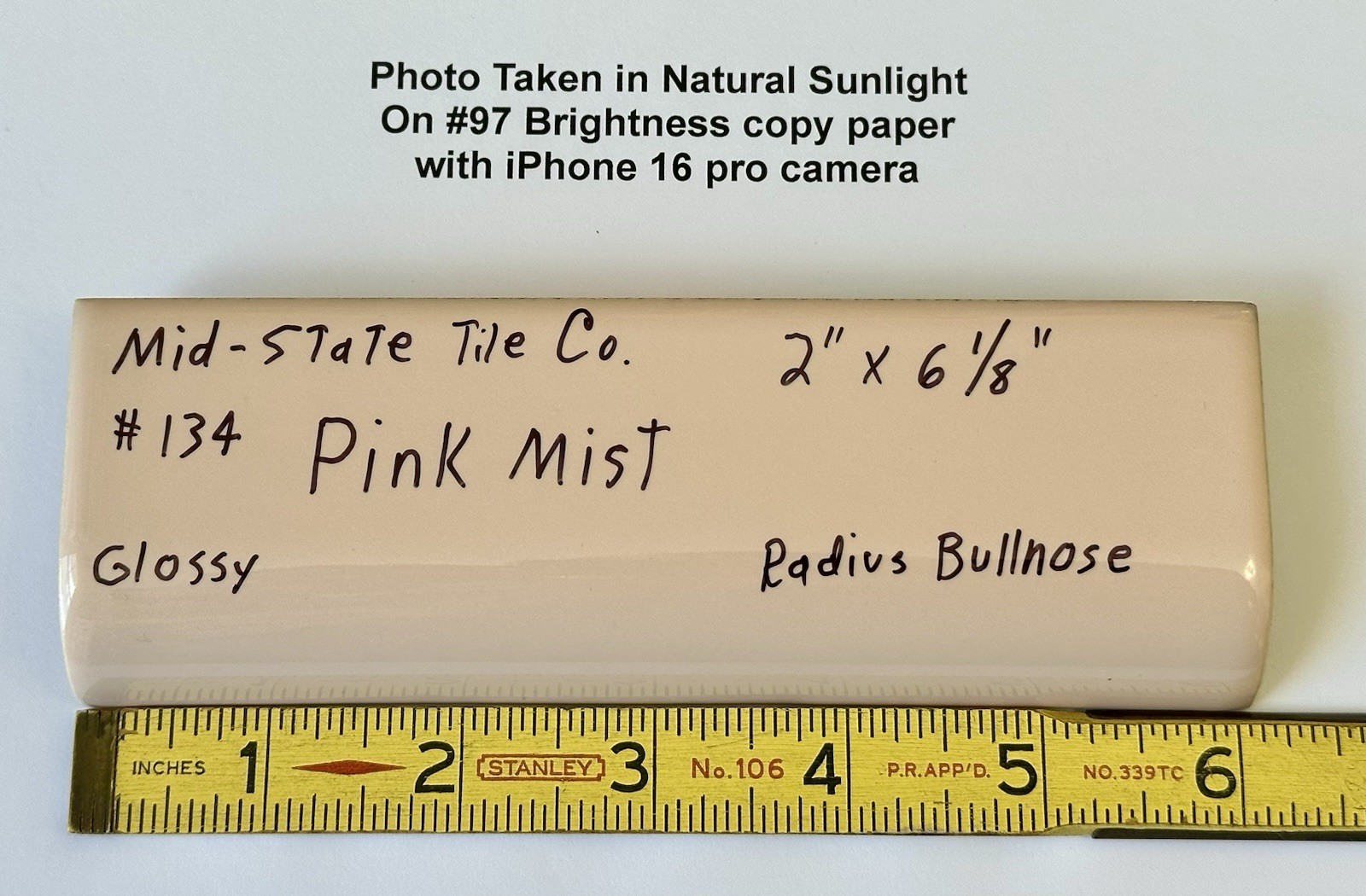 1pc. Peachy Pink Mist: 2″ X 6″ Ceramic Radius Mud Cap Bullnose Tile, NOS