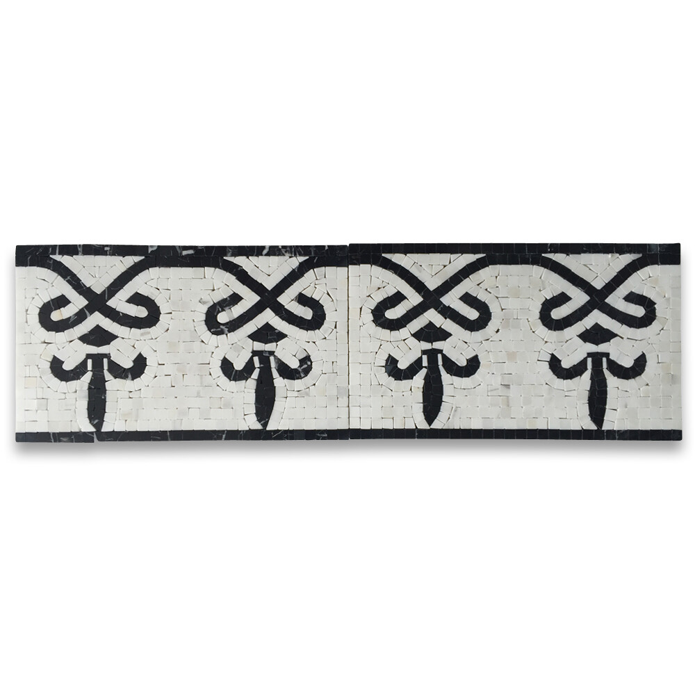 B0031P Marble Mosaic Border Listello Accent Tile Fleur Nero 7.1×11.8 Polished