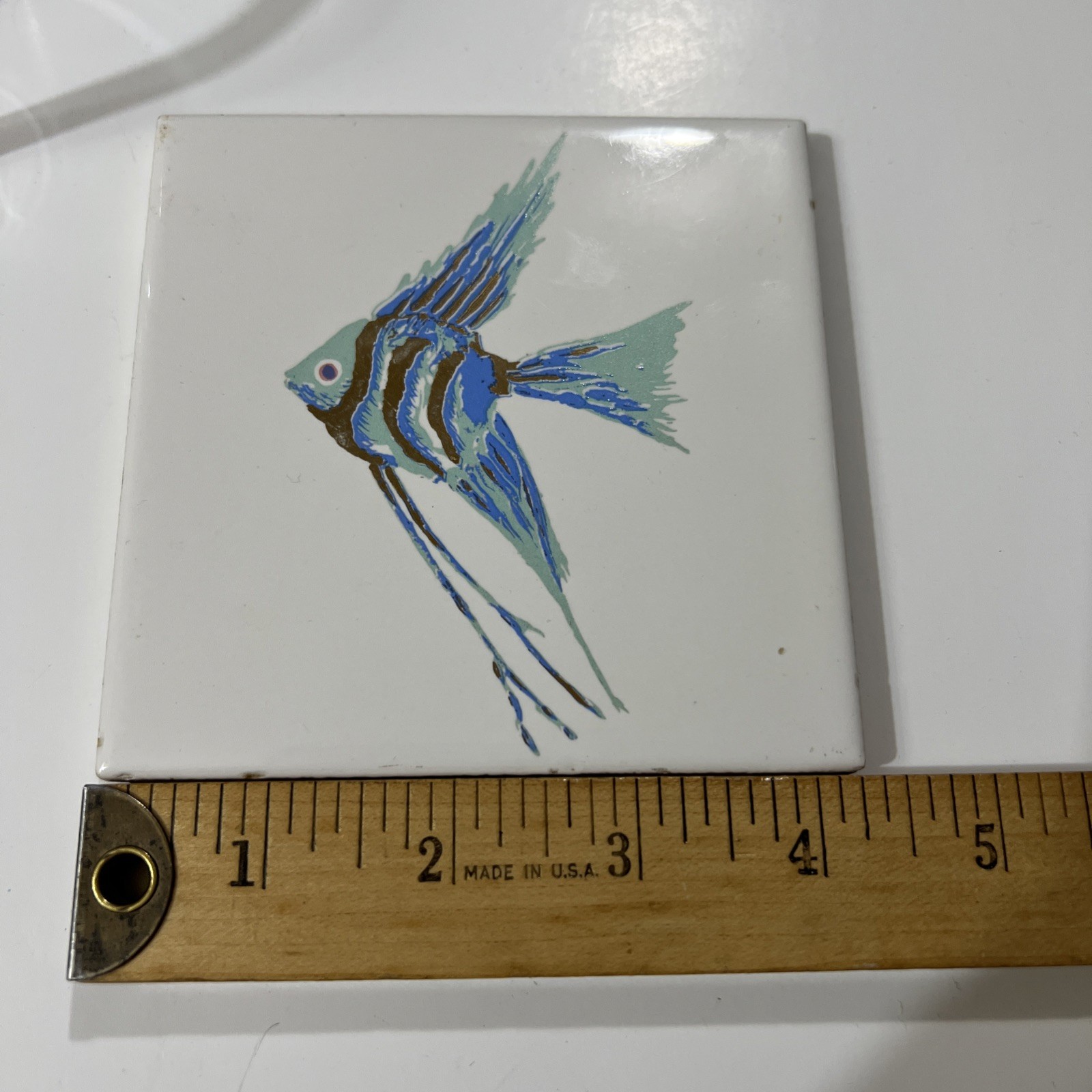 Fish Tile Decorative Angel Fish Blue & Gold With Acrylic Stand 4.25X4.25”