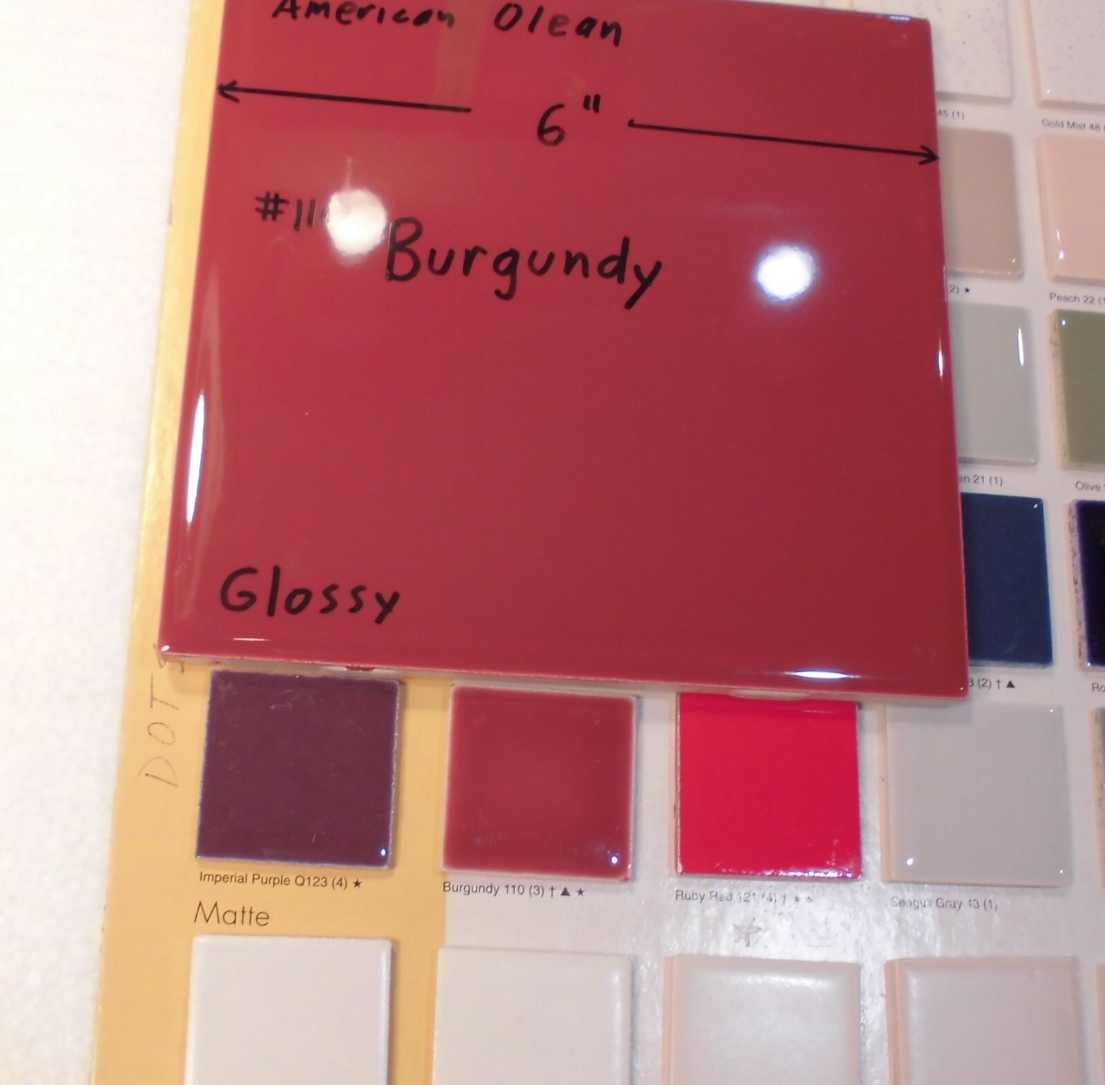 1 pc. Burgundy: 6″ X 6″ Glossy Ceramic Tile by American Olean Co. New Stock