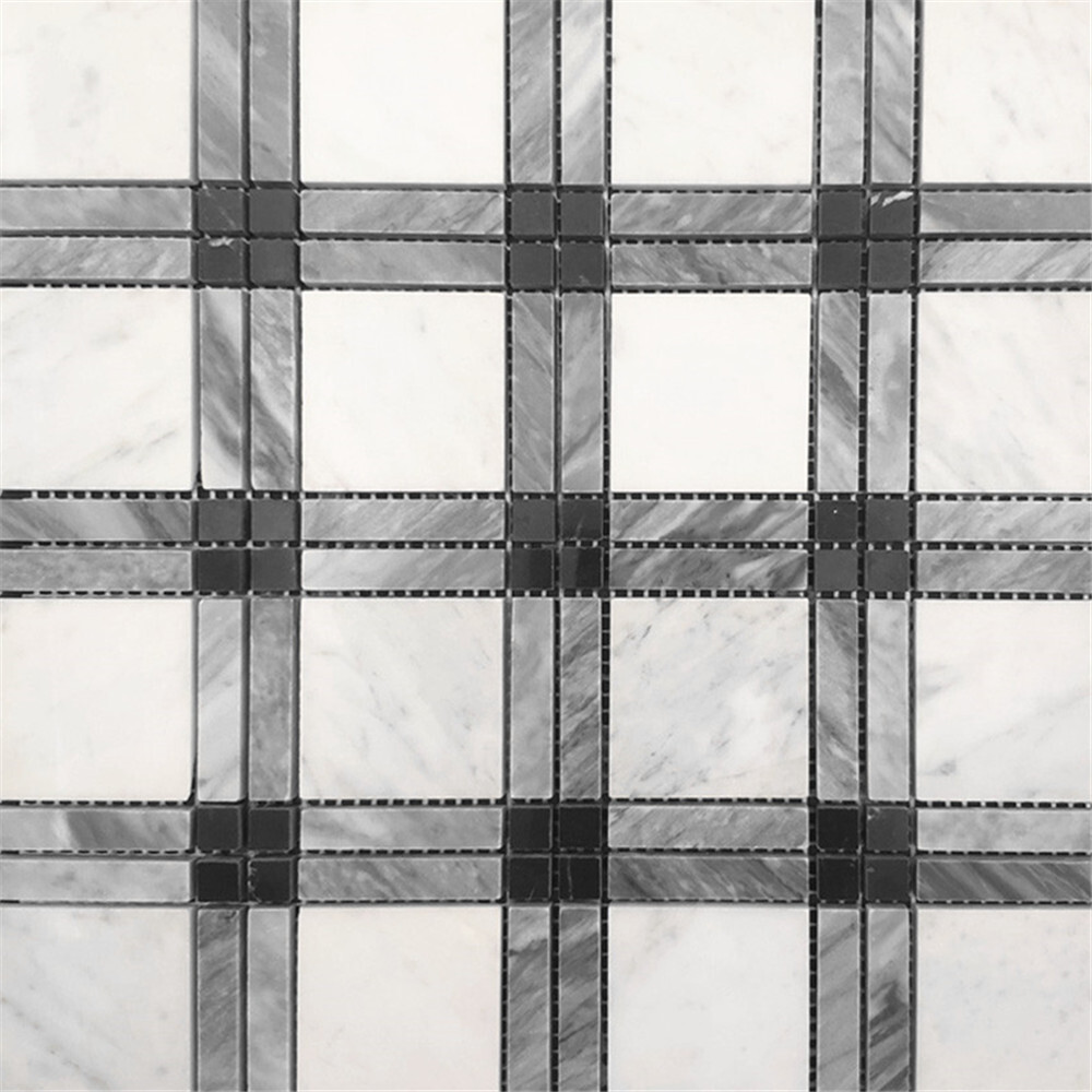 C261XP Carrara White Gray Black Marble Plaid Tartan Gingham Tile Polished
