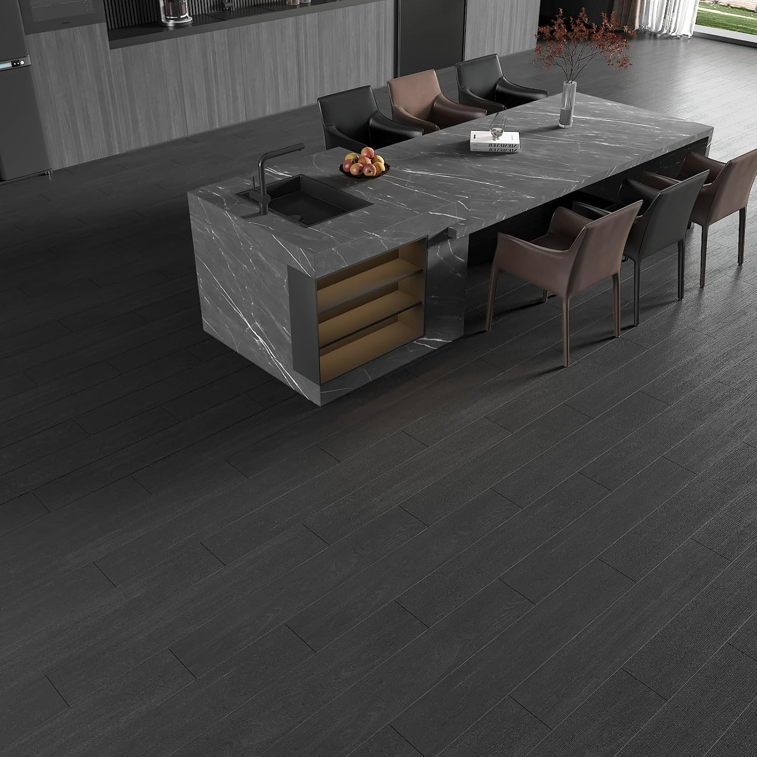 6”X36” Oak Wood Vinyl Flooring Planks Black Peel and Stick Floor Tiles