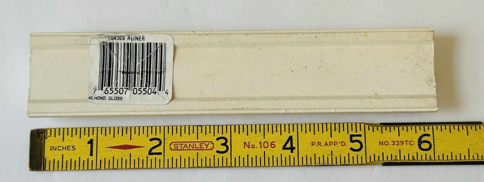 1 pc. Gloss Almond Ceramic Tile: Pencil – Liner – Sizzle: 6″ X 1-1/4″ Rope