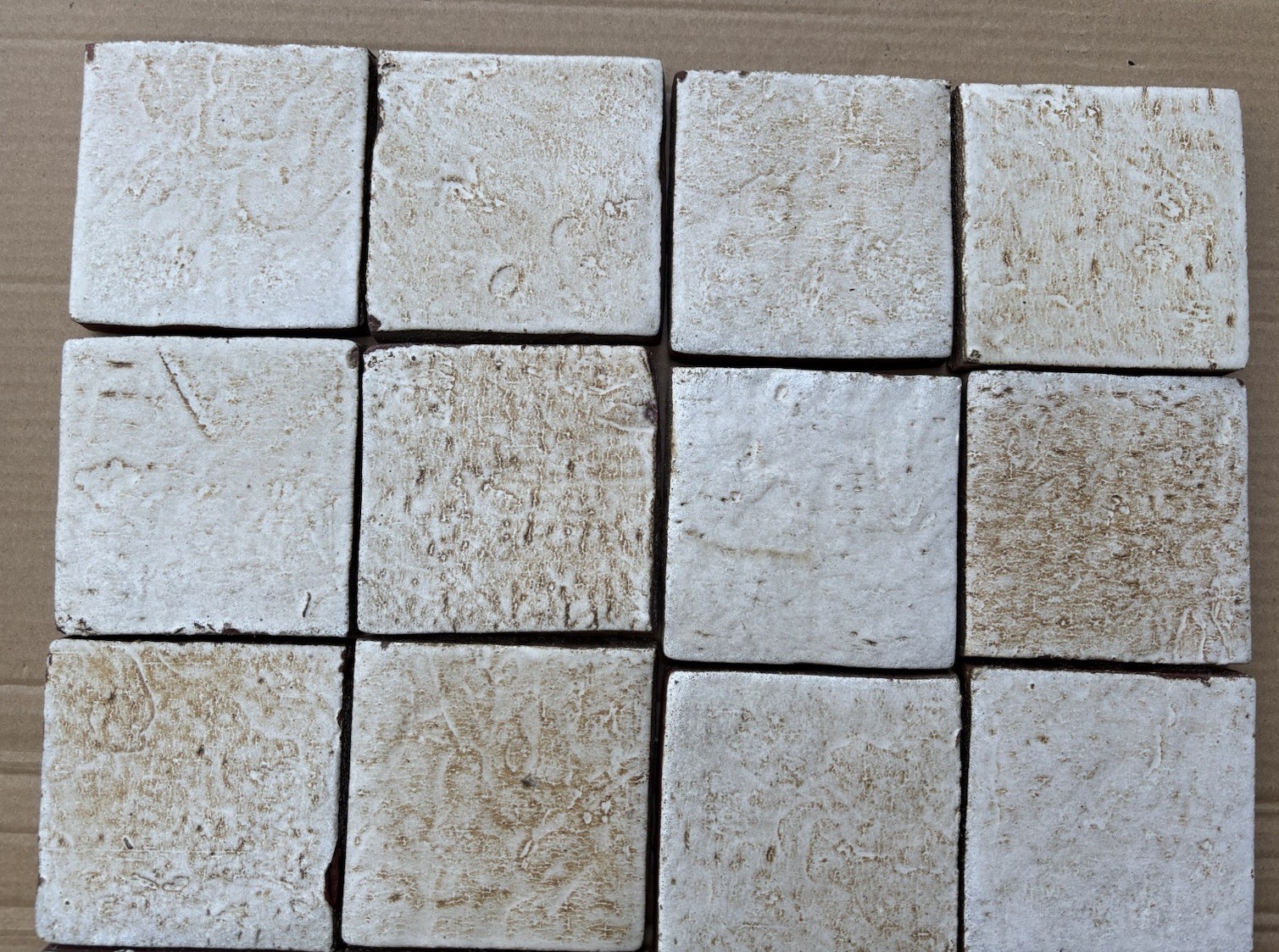 4 Vintage Hand Made Mottled Glazed Field Tile THICK 3 7/8″sq Set of 4 NOS #B