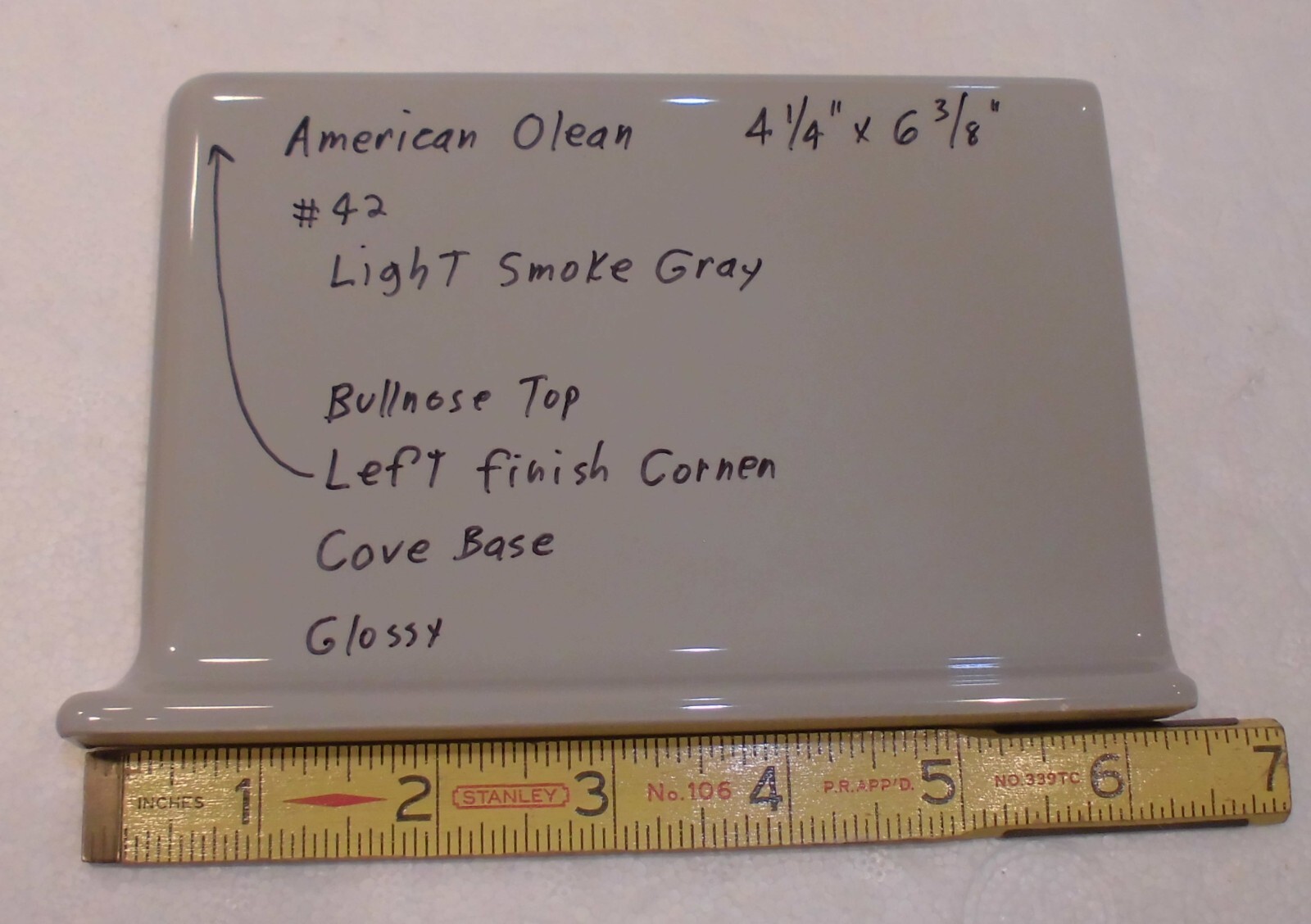 1 pc. Light Smoke Gray: base/cove Ceramic Tile: 4-1/4″ X 6″ Left Finish Corner