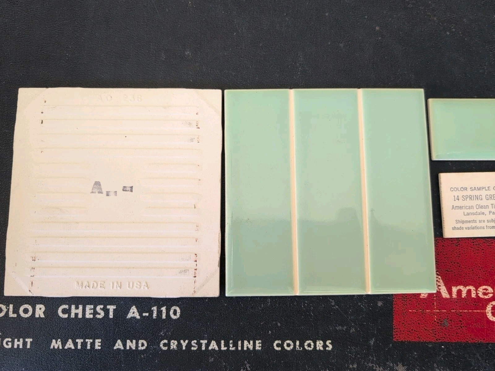 2 pieces 4 1/4″ Ceramic Tile #14 Spring Green American Olean Tile Scored SD-4