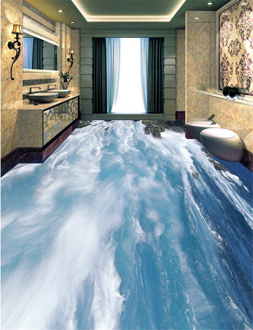 Wide Blue Ocean 3D Floor Mural Photo Flooring Wallpaper Home Print Decoration
