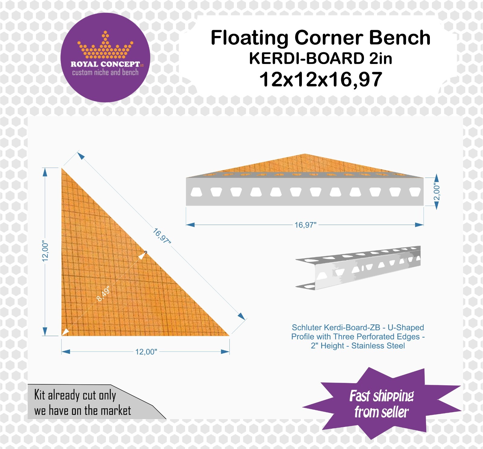 Shower Floating Bench – Schluter Kerdi-Board 2″ with Stainless Steel – Face 17in