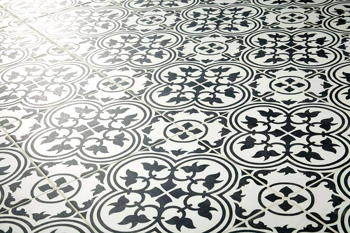 12×12 Flora Black White Encaustic Decorative Ceramic Floor Wall Tile (BOX OF 10)