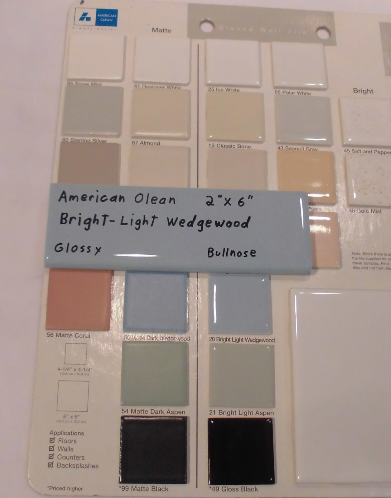 1 pc. Ceramic Bullnose Tile 2” X 6” Light Bright Wedgewood Blue: American Olean