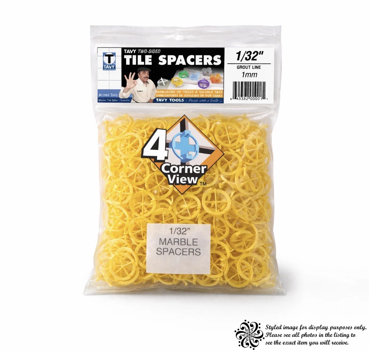 Lot Of 2 TAVY Two-Sided Tile Spacers 1/32″ 1mm 4 Corner View Yellow 100 Pack