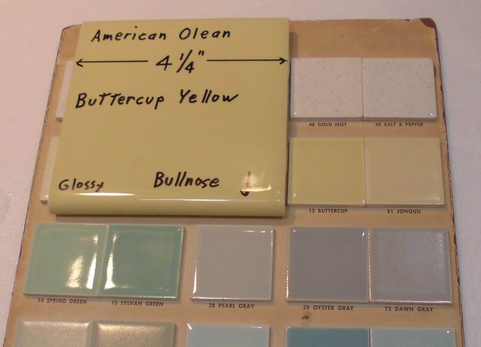 1 pc. Buttercup Yellow: 4-1/4″ Glossy BULLNOSE Ceramic Tile: American Olean, NOS