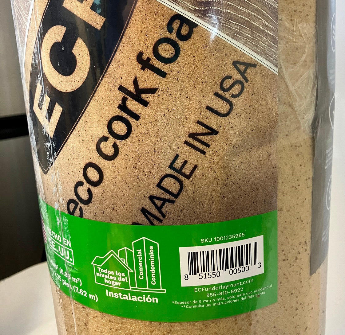 ECF UNDERLAYMENT LAMINATE & ENGINEERED FLOOR W/ CORK – 36″ x 25′ x 75 Sq Ft Roll