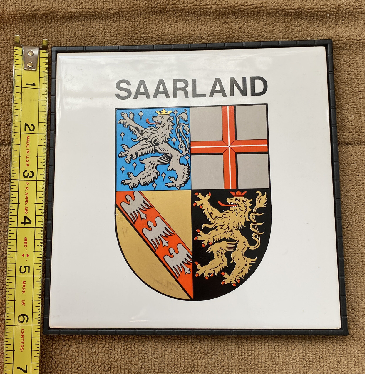 Saarland Crest White Trivet wall Decorative Ceramic Tile Made in Germany Saar