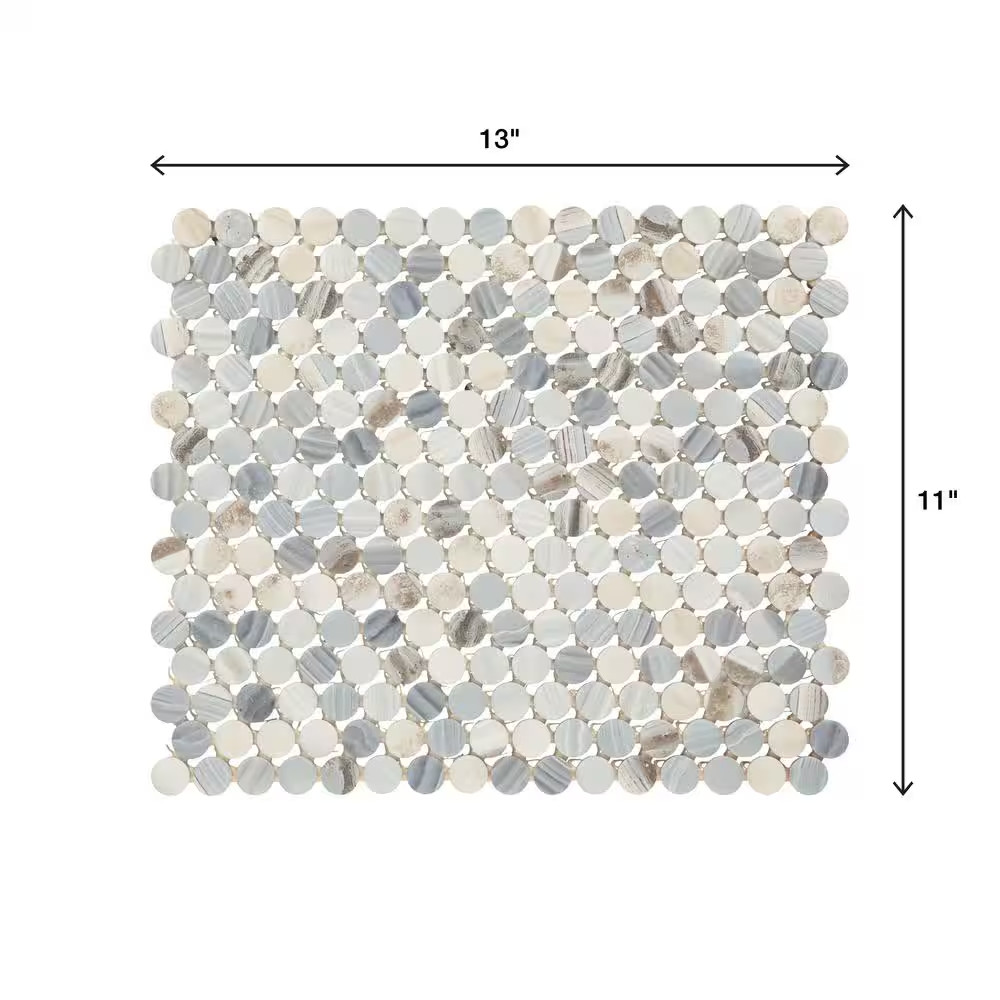 Lamora Marble Coastal Blue 11 In. X 13 In. Glazed Ceramic Penny round Mosaic Til