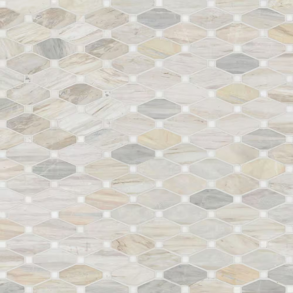 Angora Elongated Octagon 12 In. X 13 In. X 0.38 In. Polished Marble Mesh-Mounted