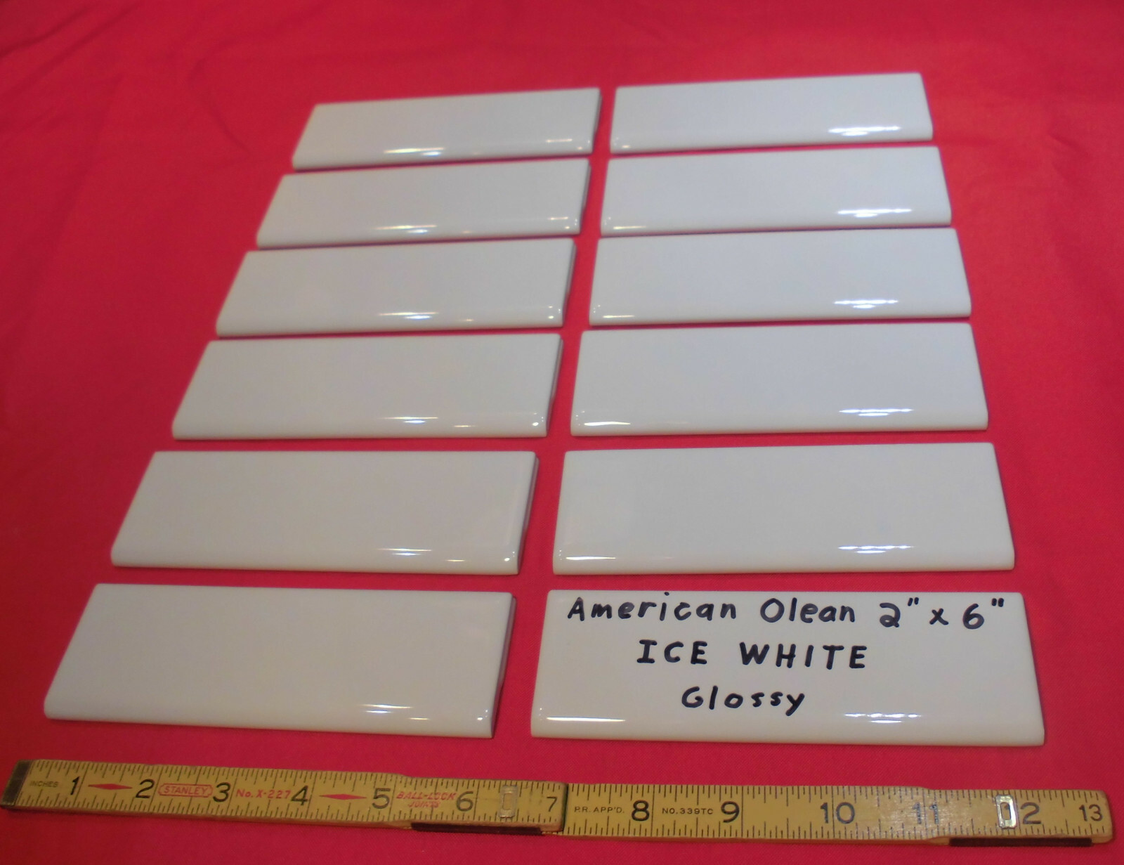12 pcs. *Glossy Ice White* 2″ X 6″ Bullnose Ceramic Tiles; American Olean, New