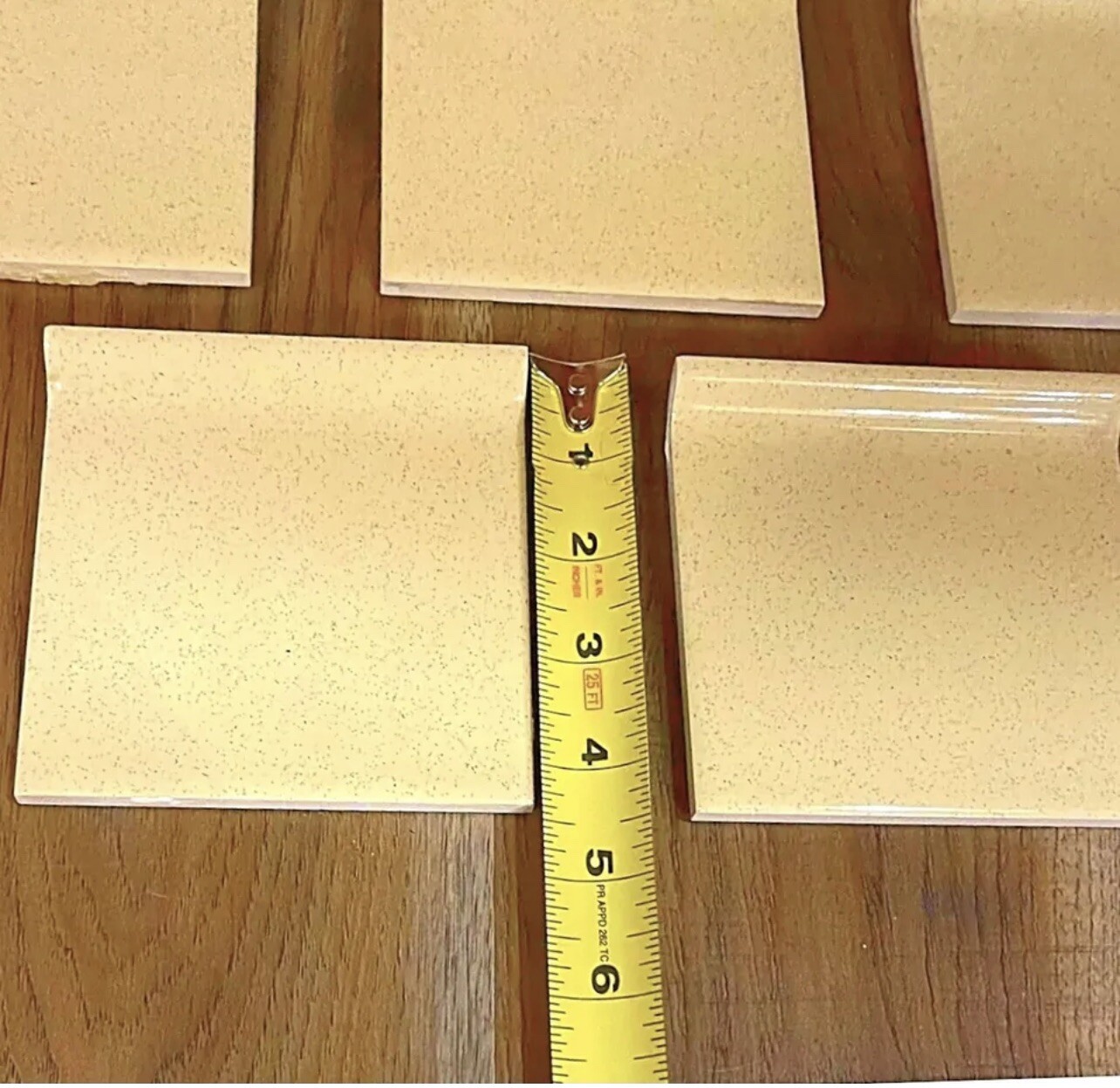 5 Vintage Ceramic Wall Mud Cap Tiles Bullnose 4.25” (4-1/4”) Yellow Gold Speckle