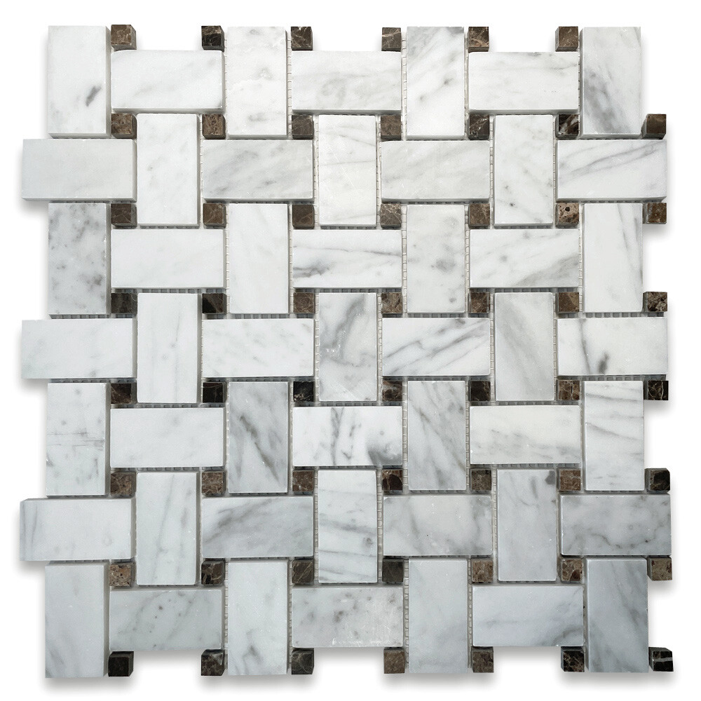 C654XH Carrara Venato Marble 1×2 Basketweave Mosaic Tile Brown Dots Honed