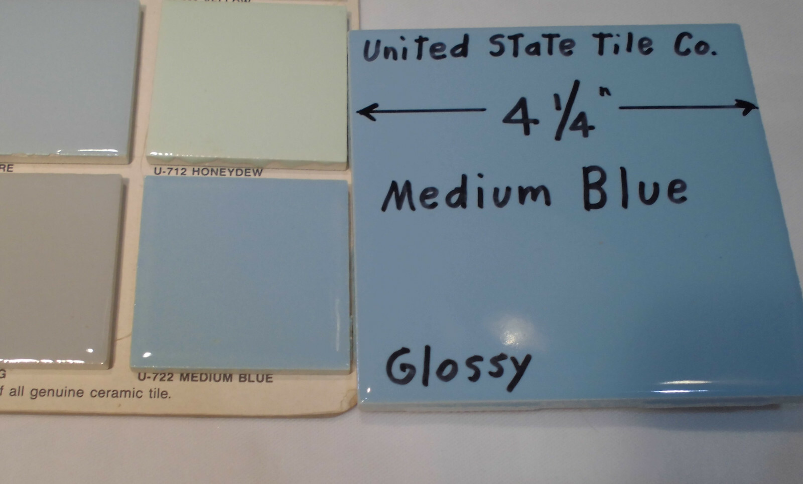 1 pc. Medium Blue 4-1/4″ Glossy Ceramic Tile; United States Tile Co. Made 1990’s