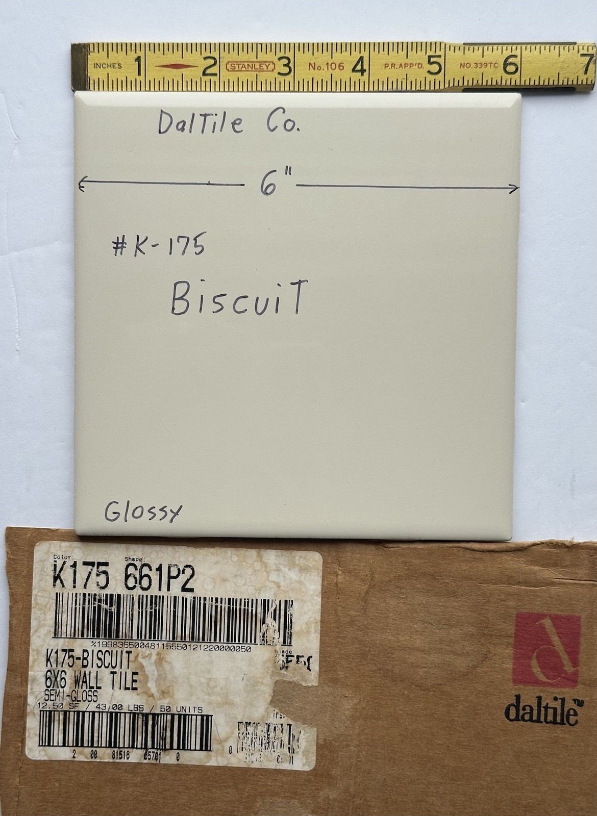 1 pc. Kohler Biscuit # K-175: 6″ X 6″ Gloss Ceramic Tile by Daltile Co. Mint