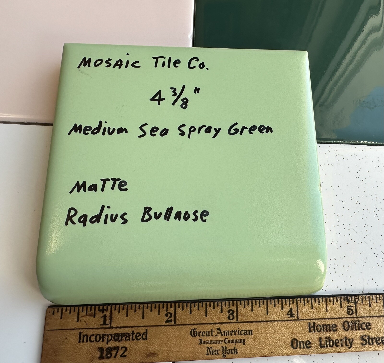 1 pc. Medium Sea Spray Green: Matte Radius Bullnose Ceramic Tile 4-3/8″ NOS