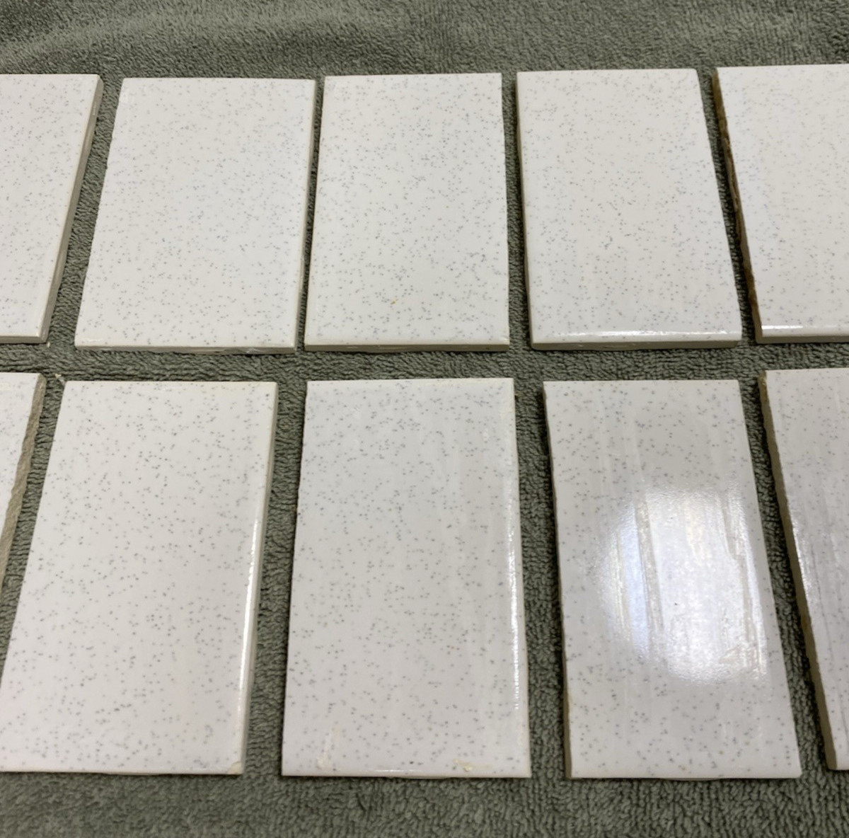 Lot of 10 – Vintage (1950-60s) White Speckled Ceramic Tile – 1/2 cut (2.5×4.25)