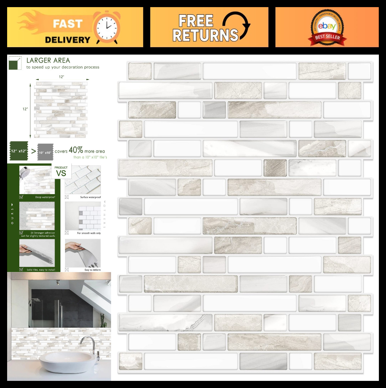 Peel and Stick Tile Backsplash – Self Adhesive, Thicker Design, Beige & White, 1