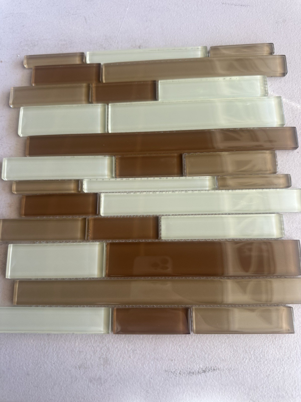 Light Beige Mix Glossy Glass Mosaic Staggered Mesh Mounted