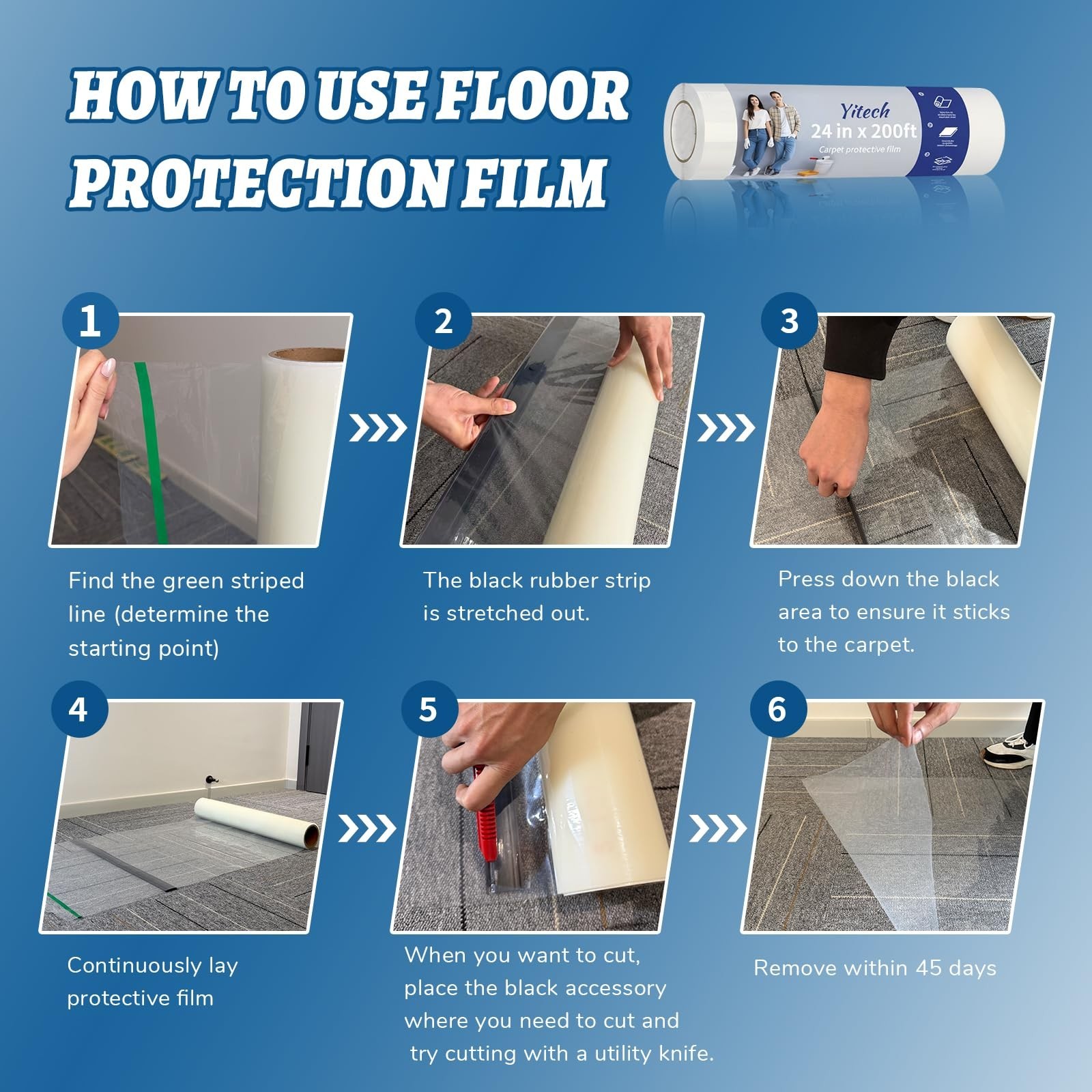 Yiech Carpet Protection Film 24″ x 50′ – Self-Adhesive Clear Plastic Floor