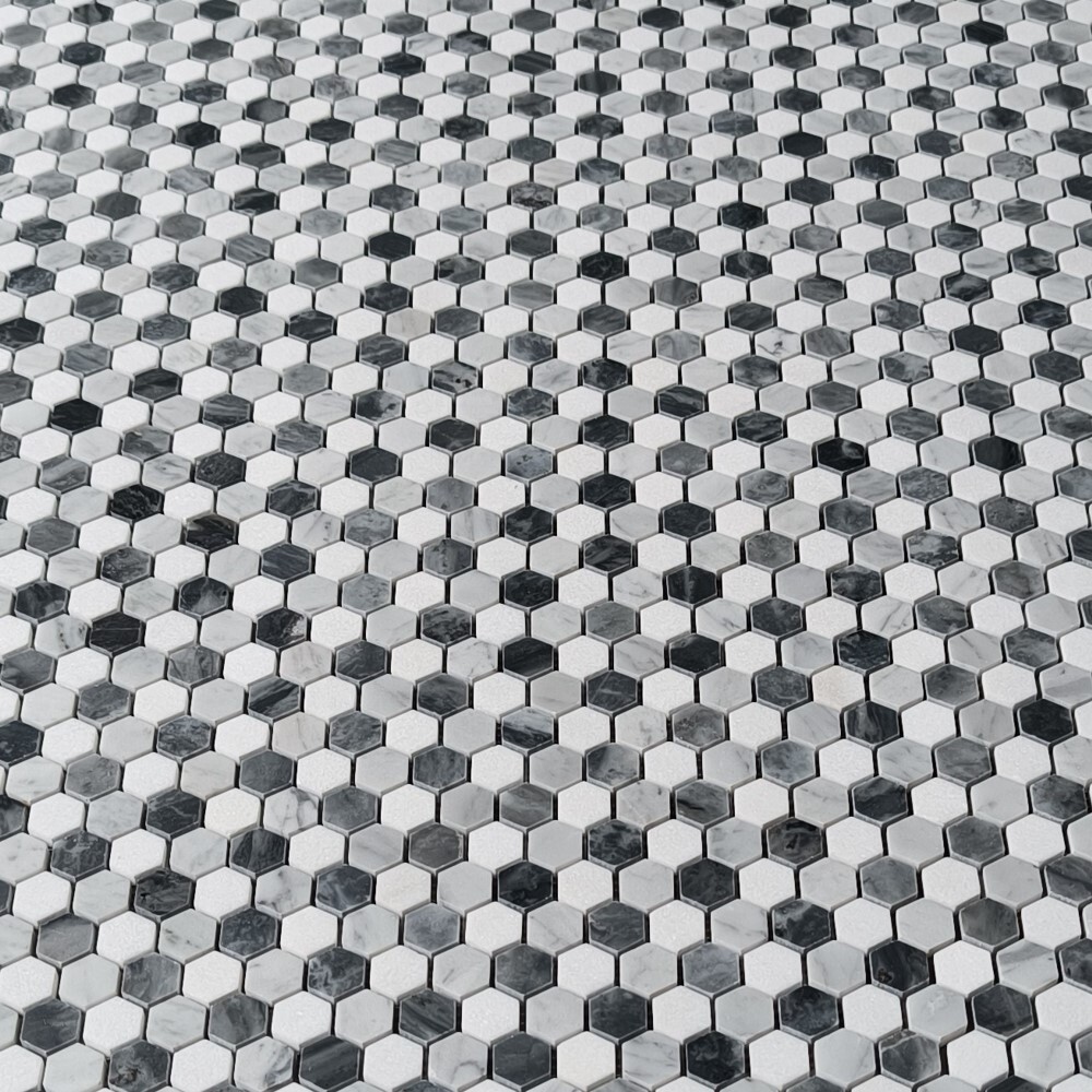 C31A7XP Carrara White Bardiglio Gray Thassos White Marble Hexagon Mosaic Tile