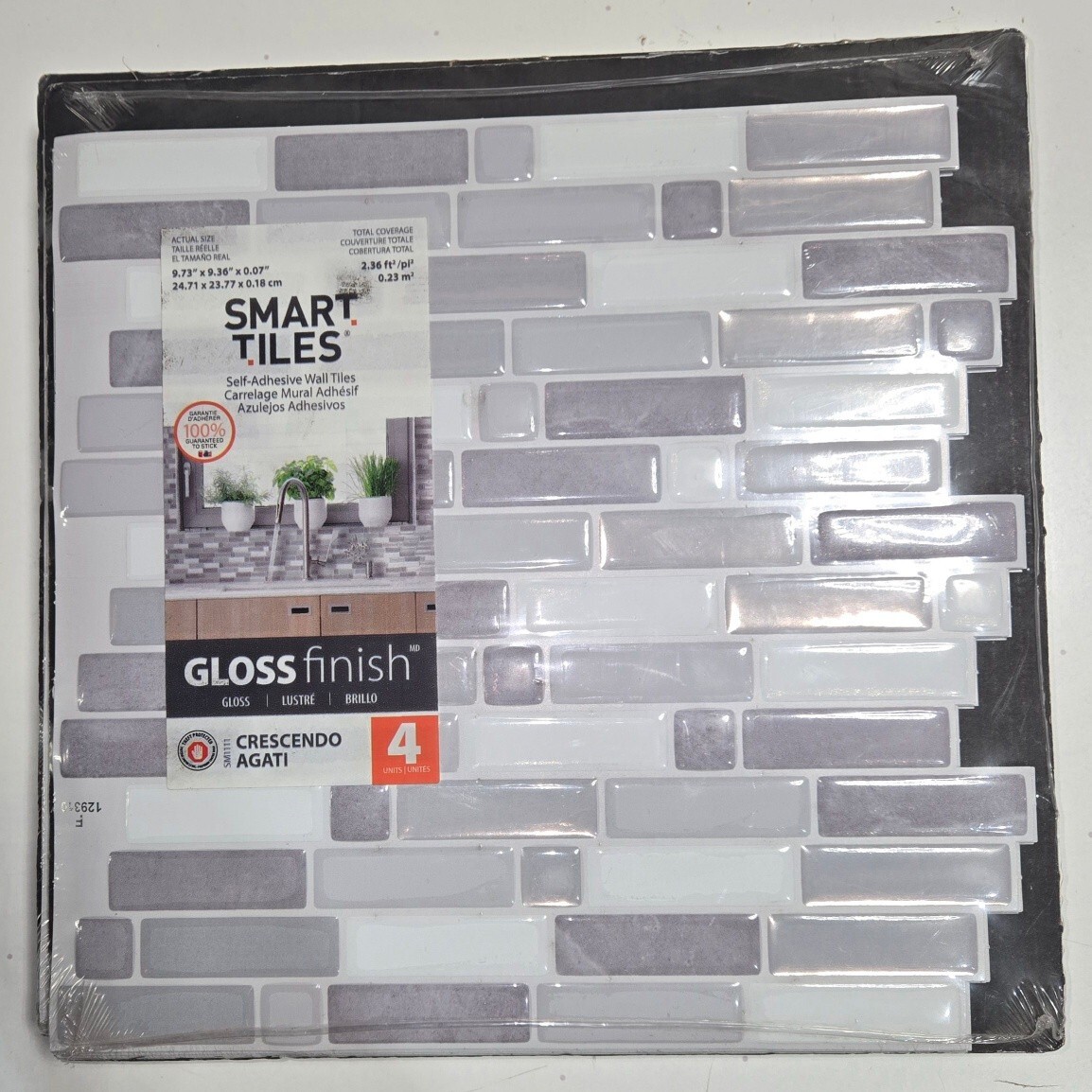 smart tiles Crescendo Agati Gray 9.73 in. x 9.36 in. Vinyl Peel and Stick (11E)