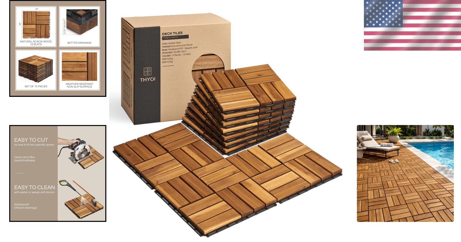 Crossed Pattern Interlocking Deck Tiles – 12”x12” Waterproof Acacia Wood Set