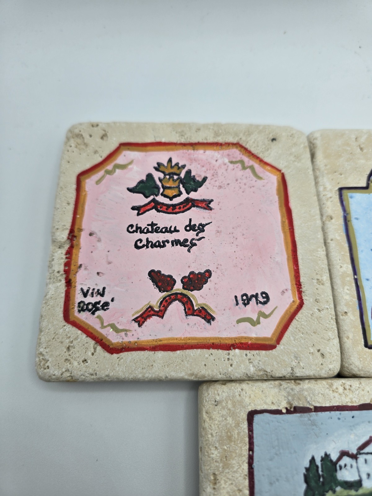 Coaster Tile Set Of 3 Wine Vino Label Hand Painted Chiaro Natural Stone Vintage
