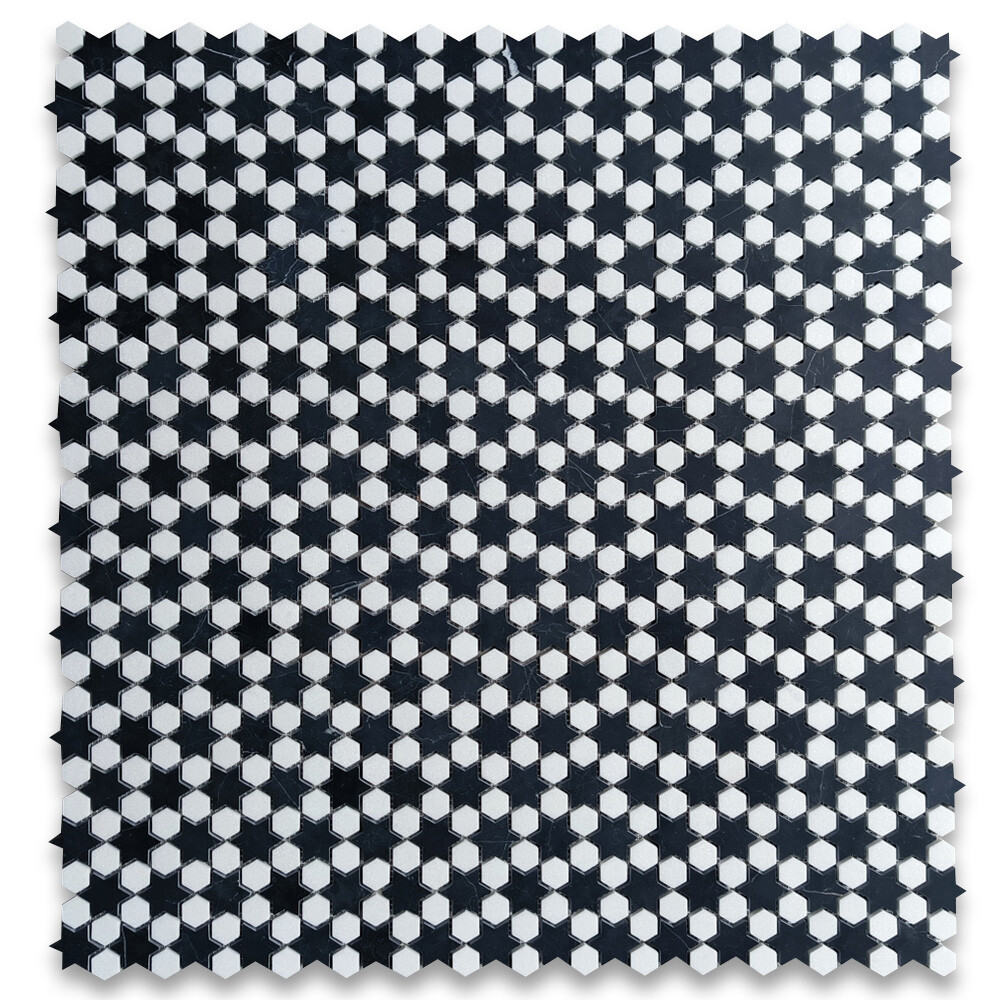 T31G1XH Thassos White Marble Starry Night Hexagram Hexagon Mosaic Tile Black