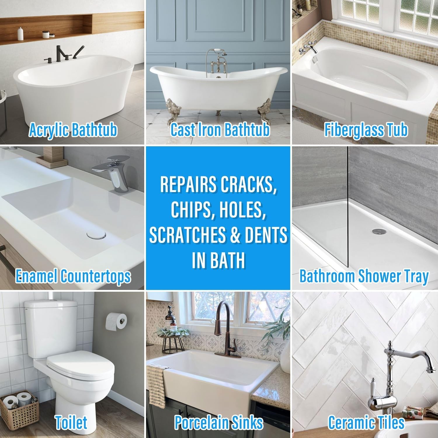 Tub Repair Kit White, Tub Chip and Bathtub Repair Kit for Enamel, Fiberglass